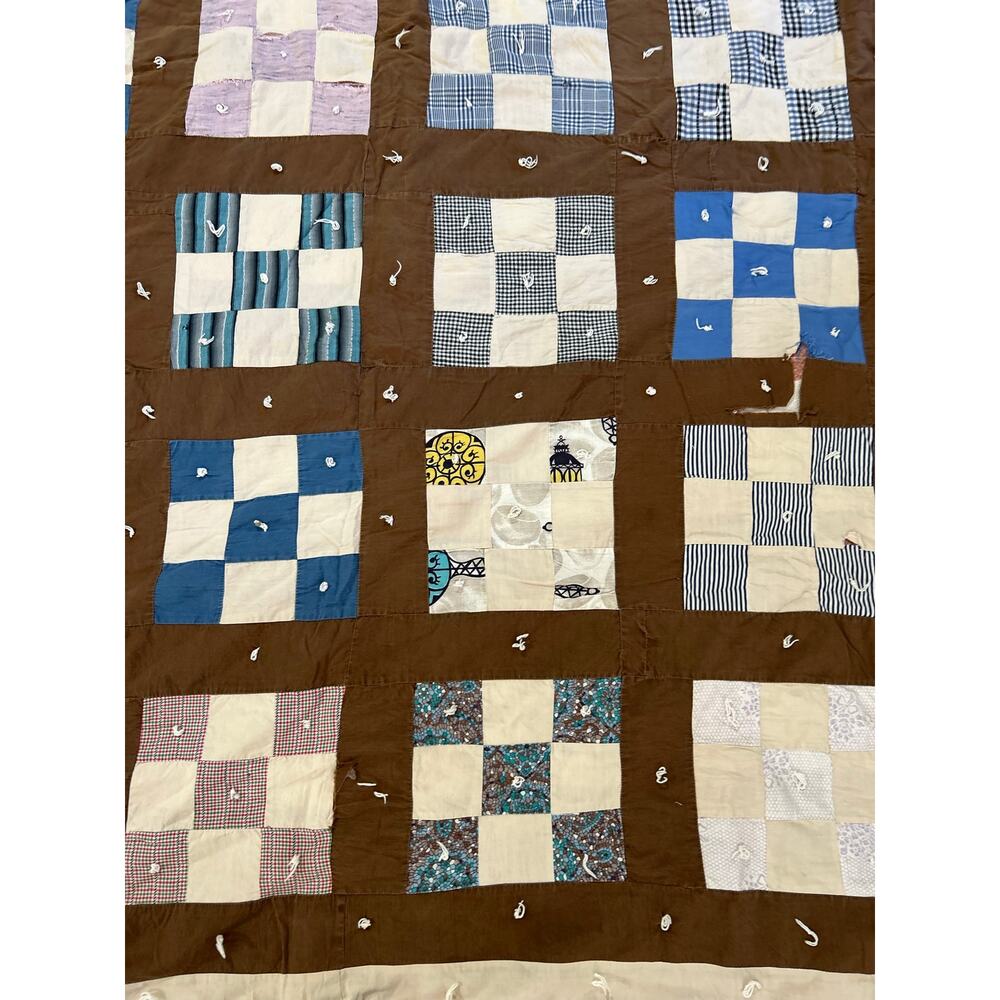 Vintage Handmade Hand-Tied Patchwork Quilt Brown Blue 72x83 Distressed - Picture 3 of 5